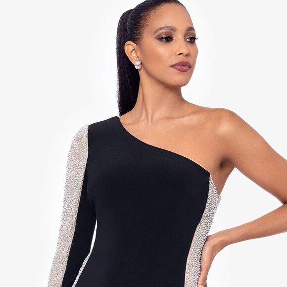 Xscape "DORTHEY"  LONG CAVIAR BEADED JERSEY KNIT ONE SHOULDER LONG SLEEVE DRESS - Picture 3 of 13